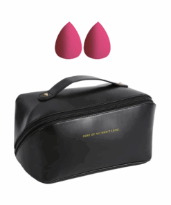 Large Capacity Faux Leather Cosmetics Bag with 2 Makeup Sponge Blenders - Black