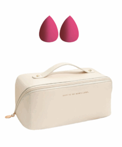 Large Capacity Faux Leather Cosmetics Bag with 2 Makeup Sponge Blenders - Cream