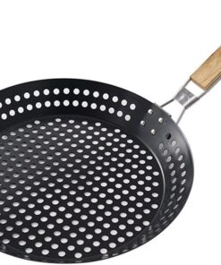 Large Stainless Steel Round Braai Grill Wok Pan & Wooden Foldable Handle