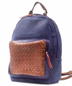 Leather Backpack with Front Pocket - Navy Blue