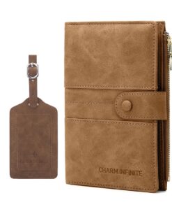 Leather Passport Holder & Luggage Tag RFID Travel Passport Wallet Card Slot - Brown