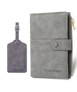 Leather Passport Holder & Luggage Tag RFID Travel Passport Wallet Card Slot - Grey