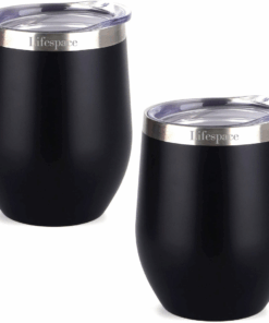 Lifespace Premium Stainless Steel Matt Black Double Walled Wine Cups / Mug - Pair