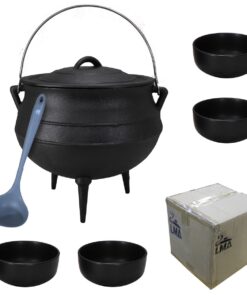 LMA 3-Foot Cast-Iron Potjie Set with Stoneware Bowls & Ladle - Size 3 / 8L