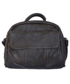 LS-SEN02 Genuine Leather Shoulder Bag with Front Pockets - Black