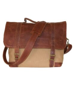 Luvsa LS-MS085 Steady Canvas Bag with Full Grain Leather Vintage Flap - Camel