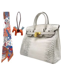 Luxury Ladies Crocodile Leather Tote Handbag with Silk Scarf and Charm - 30cm - Himalaya Grey