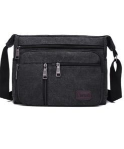 Men Canvas Shoulder Bags Multi Pocket Male Travel Messenger Handbag - Black