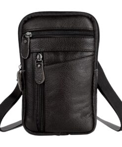 Men Casual Leather Shoulder Messenger Small Bag Flap Over Purse Father Gift - Black