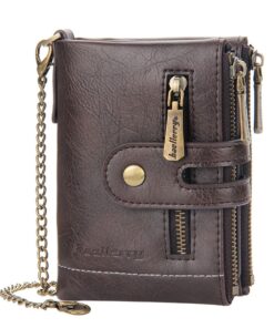 Men Leather Wallet / Purse Blocking Chain Zipper Coin Pocket Card Holder - coffee-brown