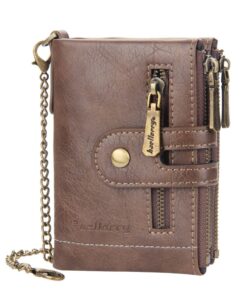 Men Leather Wallet / Purse Blocking Chain Zipper Coin Pocket Card Holder - khaki-brown