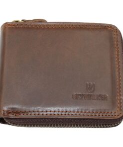 Men's Genuine Leather Zip Around Bifold Wallet for 6 Cards - Brown