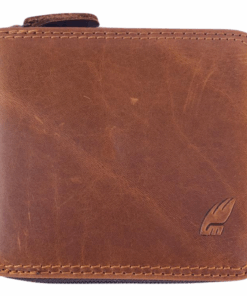 Men's Genuine Leather Zip Around Bifold Wallet for 6 Cards - Camel Mountain - Brown