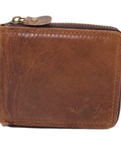 Men's Genuine Leather Zip Around Bifold Wallet for 6 Cards - Tan