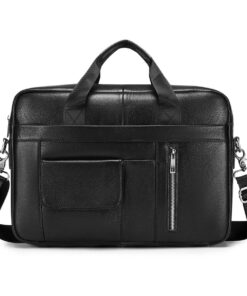 Men's Leather Laptop Bag Business Handbag Crossbody Bag for 14 In Notebook - Black