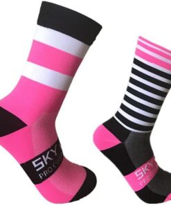 Men's Sport Socks Athletic Running Racing Cycling Crew Socks - Stripe Dot - Black Pink