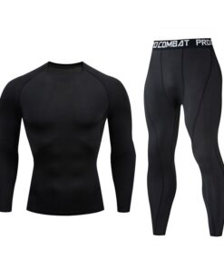 Men's Workout Compression Set Tights and Long Sleeve Shirt for Gym Sport