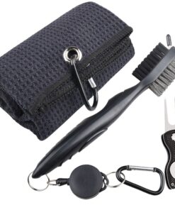 Microfiber Tri-Fold Golf Towel Golf Club Brush & Golf Divot Tool Set - Black