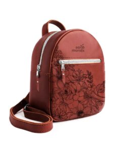 Mini Backpack Purse - Genuine Leather | Roses - Cognac