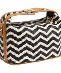 Mini Chevron Pattern Woven Straw Handbag With Adjustable Strap - Black/White