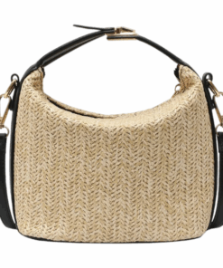 Mini Chevron Pattern Woven Straw Handbag With Adjustable Strap - White/Black