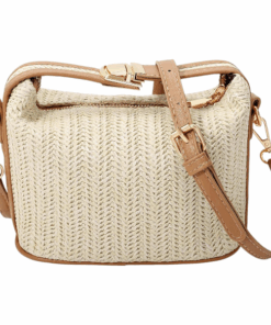 Mini Chevron Pattern Woven Straw Handbag With Adjustable Strap - White/Brown