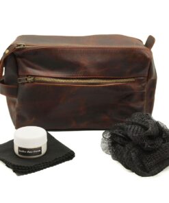 Minx - Genuine Buffalo Leather Toiletry Bag with Leather Care Cream Gift Set - Dark Brown