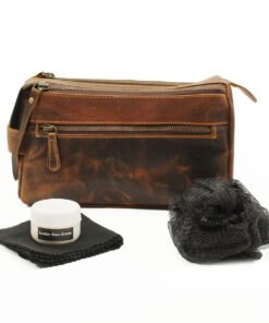 Minx - Genuine Buffalo Leather Toiletry Bag with Leather Care Cream Gift Set - Vintage Brown