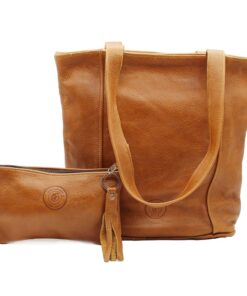 Minx Genuine Leather Mckenzie Handbag and Makeup Bag Combo - Brown