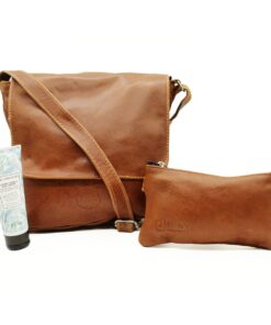 Minx Genuine Leather Mini Huxley Handbag and Makeup Bag Combo - Brown