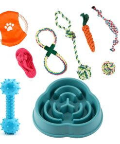 Mix Box 9 Pieces Small Dog Toy Set With Rope Toy, Slow Feeding Plate, Chew Toy