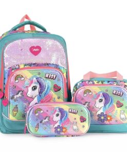New Sequins Unicorn 3D 3 PCS Set Kids School Backpack - Green