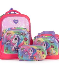 New Sequins Unicorn 3D 3 PCS Set Kids School Backpack - Pink