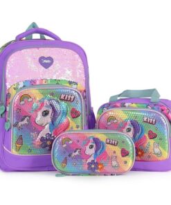 New Sequins Unicorn 3D 3 PCS Set Kids School Backpack - Purple