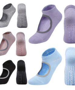 Non Slip Yoga Socks with Grips Pilates,Ballet,Barre Socks Multi-Colour 5 Pack - purple+blue+gray+pink+black