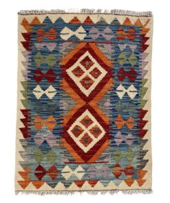 Orange Blue Vibrant Kilim Small Rug - 90 x 60 cm