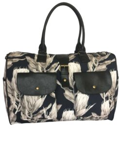 Overnight Canvas Bag with Protea Flowers - Black