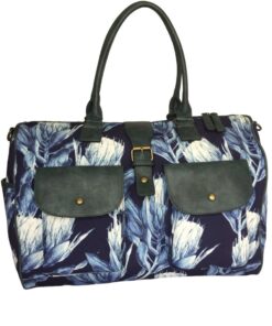 Overnight Canvas Bag with Protea Flowers - Navy