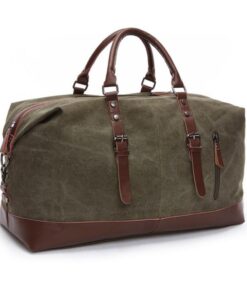 Oversized Leather Canvas Duffel Shoulder Overnight Bag - Army Green
