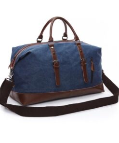 Oversized Leather Canvas Duffel Shoulder Overnight Bag - Blue