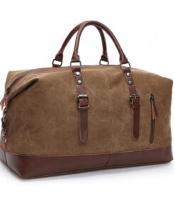Oversized Leather Canvas Duffel Shoulder Overnight Bag - Coffee