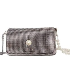 Pearl-Embellished Crossbody Sling Bag Cellphone Pouch Messenger Flap Bag - Black