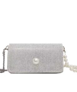 Pearl-Embellished Crossbody Sling Bag Cellphone Pouch Messenger Flap Bag - Silver
