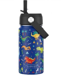 PEISKOS Insulated Water Bottle Leak Proof Flask with Straw for Kids 400ML - Blue  Dinosaur