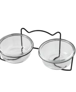 Pet Double Glass Cat Dog Raised Bowl Round Design (27cm) - Black