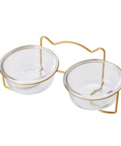 Pet Double Glass Cat Dog Raised Bowl Round Design (27cm) - Gold