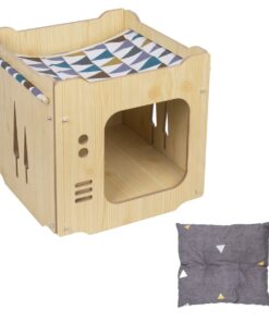 Pet Wooden Cat Nest Pet Hammock Bed with Soft Pad- Original Wood Color