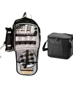 Picnic Bag Backpack with Bottle Holder with 6 Pack Cooler Bag - Black