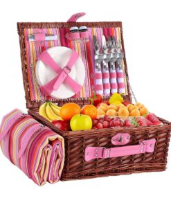 Pink Design Wicker Picnic Basket with Cooler Bag for 4 People