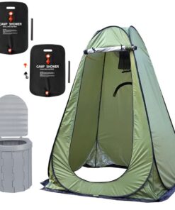 Pop-Up Camping Shower Tent With Toilet & 2 Sun Showers (150 x 150 x 190CM) - Green
